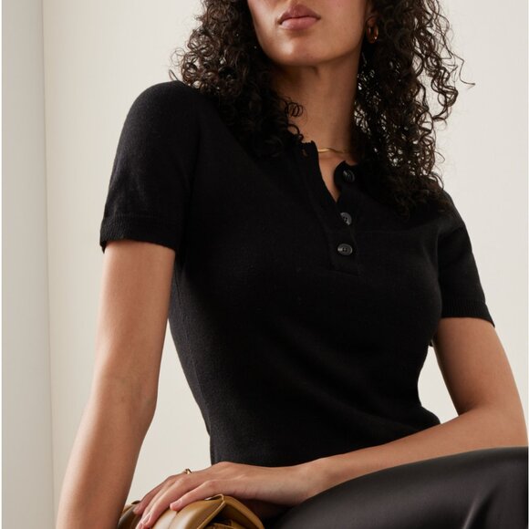 Brandon Maxwell Classic Polo Silk-Cashmere Top - Picture 1 of 6